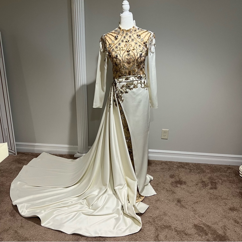 Custom Blini Elegant Gold and Cream Evening Gown
